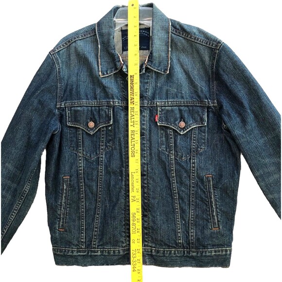 Levis Slim Trucker Jean Jacket Size L Y2k Red Tab Distressed Dark Wash Denim - Picture 11 of 14